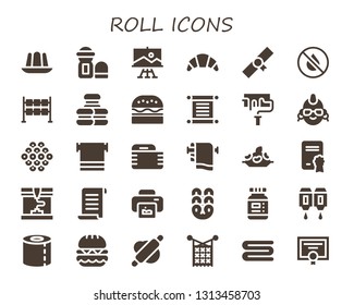roll icon set. 30 filled roll icons.  Collection Of - Jelly, Deodorant, Paint, Croissant, Diploma, Ink, Dice, Macaron, Burger, Torah, Paint roller, Punk, Caviar, Towel, Gauze