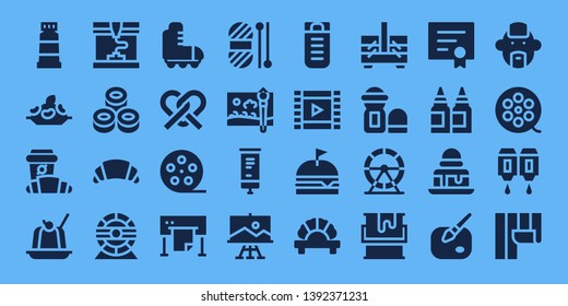 roll icon set. 32 filled roll icons. on blue background style Simple modern icons about  - Paint, Rice, Croissant, Jelly, Printing, Sushi, Hamster wheel, Roller skate, Pretzel