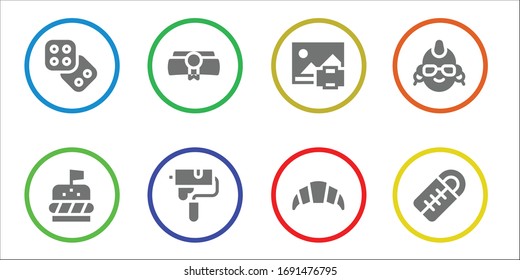 roll icon set. 8 filled roll icons. Included Dice, Burger, Diploma, Paint roller, Print, Croissant, Punk, Sleeping bag icons