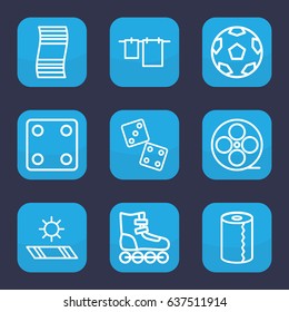 Roll icon. set of 9 outline roll icons such as dice, cloth hanging, paper towel, movie tape, carpet in the sun, roller skate, fitness carpet