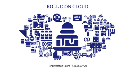 roll icon set. 93 filled roll icons.  Collection Of - Brownie, Roller, Napkin, Film roll, Painting brush, Tape, Dice, Caviar, Carpet, Roller skate, Towel, Paint, Burger, Pretzel