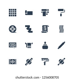 roll icon set. Collection of 16 filled roll icons included Rolling pin, Paint roller, Roller, Carpet, Ink, Towel, Diploma, Papyrus, Measuring tape, Film reel, Paper roll, Yoga mat