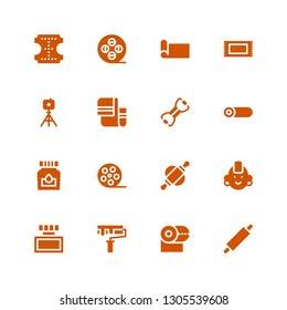 roll icon set. Collection of 16 filled roll icons included Rolling pin, Toilet paper, Paint roller, Ink, Punk, Film reel, Roll, Bands, Towel, Tripod, Rug, Yoga mat, Leather