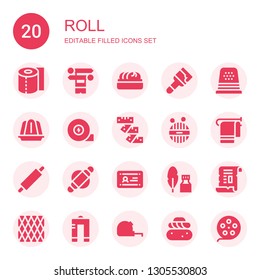 roll icon set. Collection of 20 filled roll icons included Toilet paper, Knit, Dumpling, Paint, Thimble, Jelly, Measuring tape, Wool, Towel, Rolling pin, Roller, Diploma, Ink