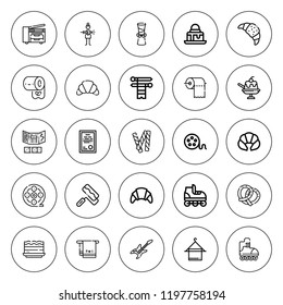 Roll icon set. collection of 25 outline roll icons with brownie, croissant, electric guitar, copy machine, diploma, film reel, jelly, knit, paint roll icons. editable icons.