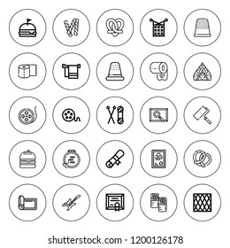 Roll icon set. collection of 25 outline roll icons with burger, electric guitar, diploma, film reel, knit, knitting, mat, napkin, painting, pretzel icons. editable icons.