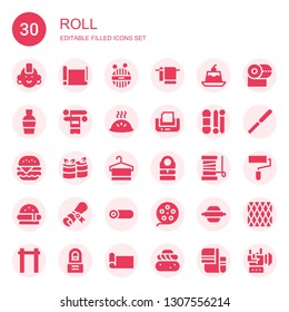 roll icon set. Collection of 30 filled roll icons included Punk, Paper roll, Wool, Towel, Jelly, Scotch, Knit, Dumpling, Print, Burger, Rolls, Sleeping bag, Yarn, Diploma,