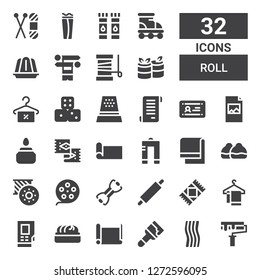 roll icon set. Collection of 32 filled roll icons included Paint roller, Towel, Paint, Paper roll, Dumpling, Densitometer, Rug, Rolling pin, Bands, Film reel, Bobbin, Bun, Metal