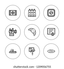 Roll icon set. collection of 9 outline roll icons with carpet, croissant, diploma, japanese food, paint, rock, sushi icons. editable icons.