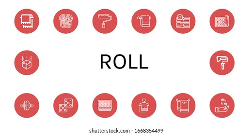 roll icon set. Collection of Towel, Caviar, Paint roller, Towels, Carpet, Roller, Dice, Sushi roll, Beach towel icons