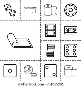 Roll icons. set of 13 editable outline roll icons such as dice, movie tape, dice, film tape, fitness carpet, cloth hanging, paper towel