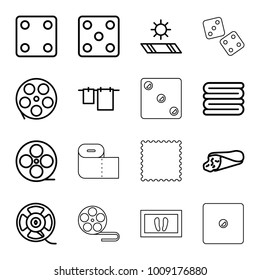 Roll icons. set of 16 editable outline roll icons such as dice, towels, cloth hanging, movie tape, wrap sandwich, film tape, carpet in the sun, carpet, foot carpet
