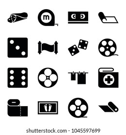 Roll Icons. Set Of 16 Editable Filled Roll Icons Such As Dice, Cloth Hanging, Camera Tape, Wrap Sandwich, Movie Tape, Carpet, Manuscript, Foot Carpet, Paper Towel, Dice