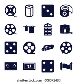Roll icons set. set of 16 roll filled icons such as shutter blinds, measure tape, Dice, foot carpet, cloth hanging, paper towel, wrap sandwich, movie tape, bandage