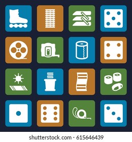 Roll icons set. set of 16 roll filled icons such as measure tape, Dice, paper towel, towels, tape, movie tape, blinds, sushi, jalousie, carpet in the sun, roller skate