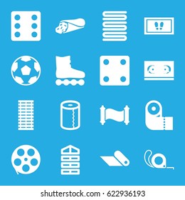 Roll icons set. set of 16 roll filled icons such as shutter blinds, Dice, towels, foot carpet, paper towel, tape, wrap sandwich, jalousie, carpet, manuscript, movie tape