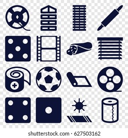 Roll icons set. set of 16 roll filled icons such as shutter blinds, Dice, paper towel, wrap sandwich, movie tape, bandage, film tape, dough pin, window shutter, jalousie