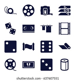 Roll icons set. set of 16 roll filled icons such as measure tape, dice, foot carpet, cloth hanging, paper towel, tape, blinds, carpet, manuscript
