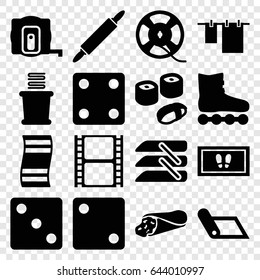 Roll icons set. set of 16 roll filled icons such as measure tape, dice, foot carpet, cloth hanging, towels, wrap sandwich, movie tape, film tape, blinds, dough pin, sushi
