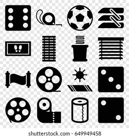 Roll icons set. set of 16 roll filled icons such as dice, foot carpet, paper towel, towels, tape, movie tape, blinds, window shutter, jalousie, carpet in the sun