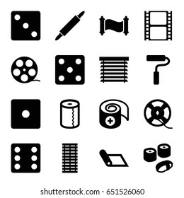 Roll icons set. set of 16 roll filled icons such as dice, paper towel, movie tape, bandage, film tape, paint roller, dough pin, sushi, window shutter, jalousie, manuscript
