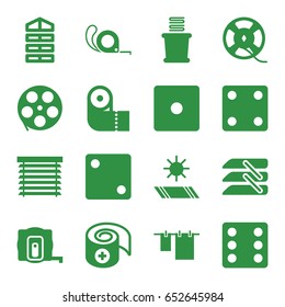Roll icons set. set of 16 roll filled icons such as shutter blinds, measure tape, dice, cloth hanging, paper towel, towels, tape, bandage, blinds, window shutter
