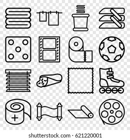 Roll icons set. set of 16 roll outline icons such as Dice, carpet, towels, cloth hanging, paper towel, wrap sandwich, movie tape, bandage, blinds, window shutter, manuscript