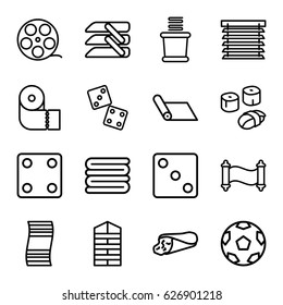 Roll icons set. set of 16 roll outline icons such as shutter blinds, Dice, towels, paper towel, wrap sandwich, blinds, sushi, window shutter, manuscript, camera tape, carpet
