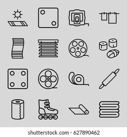 Roll icons set. set of 16 roll outline icons such as measure tape, Dice, towels, cloth hanging, paper towel, tape, dough pin, sushi, window shutter, carpet, carpet in the sun