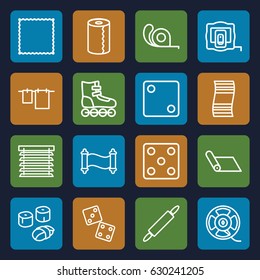 Roll icons set. set of 16 roll outline icons such as measure tape, dice, carpet, cloth hanging, paper towel, tape, film tape, dough pin, sushi, window shutter, manuscript