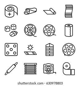 Roll icons set. set of 16 roll outline icons such as shutter blinds, measure tape, dice, paper towel, wrap sandwich, bandage, film tape, dough pin, sushi, window shutter