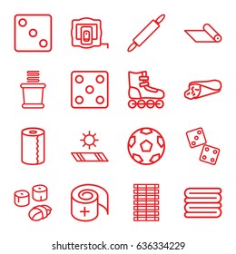 Roll icons set. set of 16 roll outline icons such as measure tape, dice, towels, paper towel, wrap sandwich, bandage, dough pin, sushi, jalousie, carpet, carpet in the sun