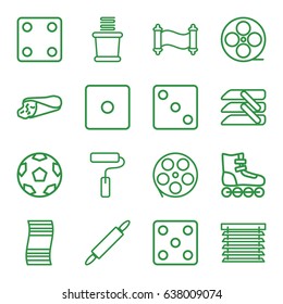 Roll icons set. set of 16 roll outline icons such as dice, towels, wrap sandwich, movie tape, blinds, paint roller, dough pin, window shutter, manuscript, roller skate