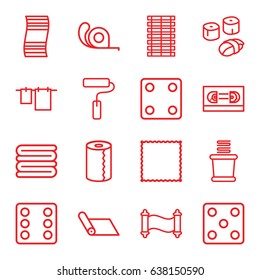 Roll icons set. set of 16 roll outline icons such as dice, carpet, towels, cloth hanging, paper towel, tape, paint roller, sushi, jalousie, manuscript, film tape