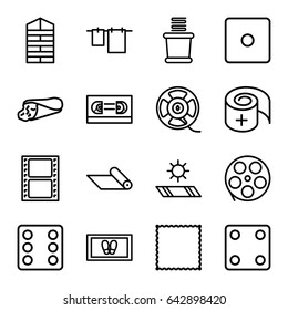 Roll icons set. set of 16 roll outline icons such as shutter blinds, dice, carpet, foot carpet, cloth hanging, towels, wrap sandwich, movie tape, bandage, film tape
