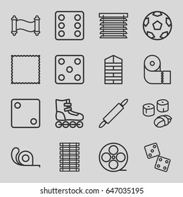 Roll icons set. set of 16 roll outline icons such as shutter blinds, dice, carpet, paper towel, tape, movie tape, dough pin, sushi, window shutter, jalousie, manuscript