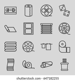 Roll icons set. set of 16 roll outline icons such as towels, cloth hanging, paper towel, tape, wrap sandwich, movie tape, window shutter, carpet, fitness carpet