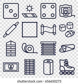 Roll icons set. set of 16 roll outline icons such as shutter blinds, measure tape, dice, carpet, foot carpet, paper towel, tape, wrap sandwich, dough pin, sushi