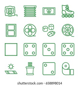 Roll icons set. set of 16 roll outline icons such as measure tape, dice, carpet, foot carpet, paper towel, towels, movie tape, film tape, sushi, window shutter