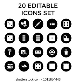 Roll icons. set of 20 editable filled roll icons such as measure tape, dice, carpet, towels, paper towel, blinds, paint roller. best quality roll elements in trendy style.