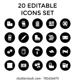 Roll icons. set of 20 editable filled roll icons such as shutter blinds, paper towel, film tape, roller skate, fitness carpet. best quality roll elements in trendy style.
