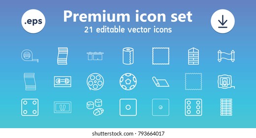 Roll icons. set of 21 editable outline roll icons includes shutter blinds, measure tape, dice, carpet, paper towel, movie tape, fitness carpet, sushi, jalousie, manuscript