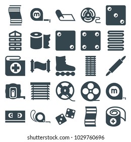 Roll icons. set of 25 editable filled roll icons such as shutter blinds, measure tape, towels, tape, roller skate, fitness carpet, bandage, dough pin, window shutter, jalousie