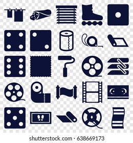 Roll icons set. set of 25 roll filled icons such as dice, carpet, foot carpet, cloth hanging, paper towel, tape, wrap sandwich, movie tape, blinds, paint roller