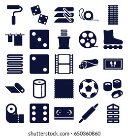 Roll icons set. set of 25 roll filled icons such as shutter blinds, dice, carpet, towels, foot carpet, cloth hanging, paper towel, tape, wrap sandwich, movie tape, blinds