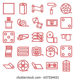 Roll icons set. set of 25 roll outline icons such as shutter blinds, measure tape, dice, carpet, towels, foot carpet, cloth hanging, paper towel, tape, wrap sandwich, bandage