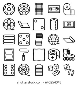 Roll icons set. set of 25 roll outline icons such as shutter blinds, dice, carpet, towels, foot carpet, paper towel, movie tape, bandage, film tape, paint roller, sushi