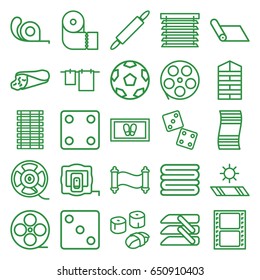 Roll icons set. set of 25 roll outline icons such as shutter blinds, measure tape, dice, towels, foot carpet, cloth hanging, paper towel, tape, wrap sandwich, blinds