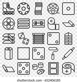 Roll icons set. set of 25 roll outline icons such as shutter blinds, dice, carpet, towels, paper towel, movie tape, bandage, blinds, paint roller, dough pin, sushi