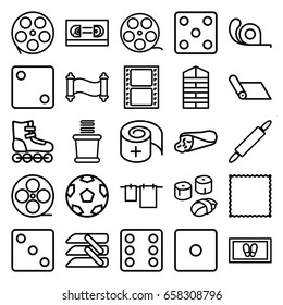 Roll icons set. set of 25 roll outline icons such as shutter blinds, dice, carpet, foot carpet, cloth hanging, towels, tape, wrap sandwich, movie tape, bandage, blinds